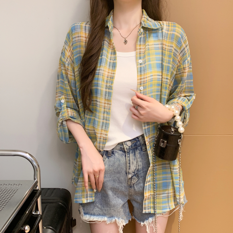 實拍 洋氣時尚百搭休閑薄款透氣長袖格子襯衫女防曬衫外套女