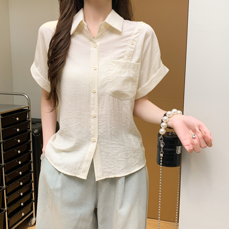 實拍 夏季新款爆款法式polo領小眾設計感別致短袖襯衫女上衣