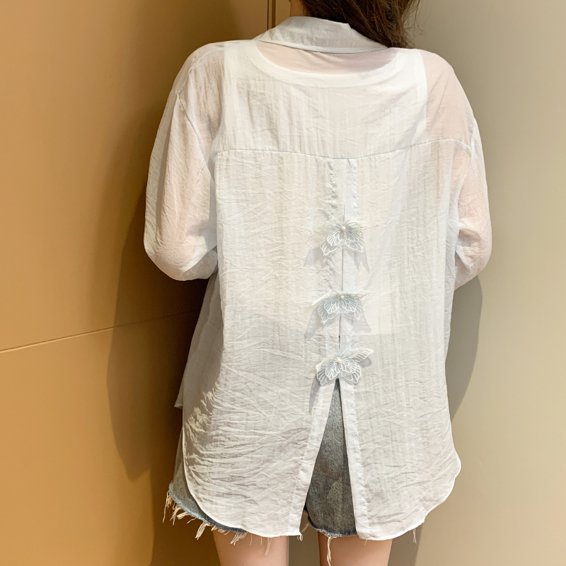 實拍 后背蝴蝶拼接洋氣長袖防曬襯衫外套女夏季薄款寬松襯衣