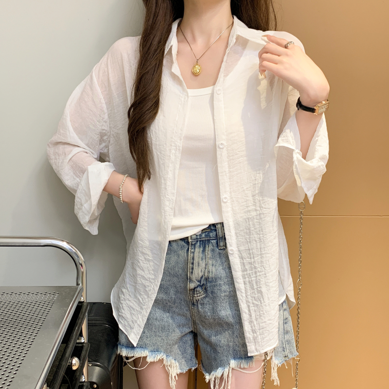 實拍 后背蝴蝶拼接洋氣長袖防曬襯衫外套女夏季薄款寬松襯衣