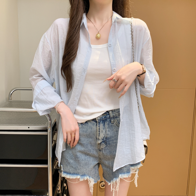 實拍 后背蝴蝶拼接洋氣長袖防曬襯衫外套女夏季薄款寬松襯衣