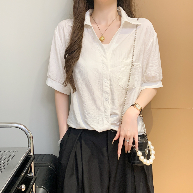 實拍 夏季新款寬松假兩件設計感休閑百搭短袖襯衫女上衣洋氣