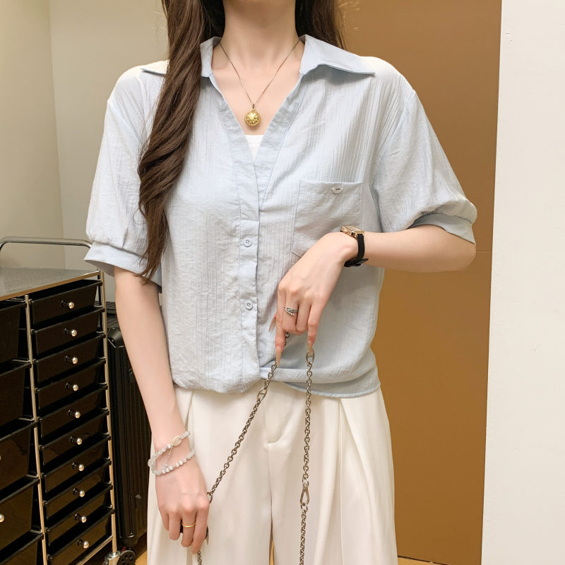 實拍 夏季新款寬松假兩件設計感休閑百搭短袖襯衫女上衣洋氣