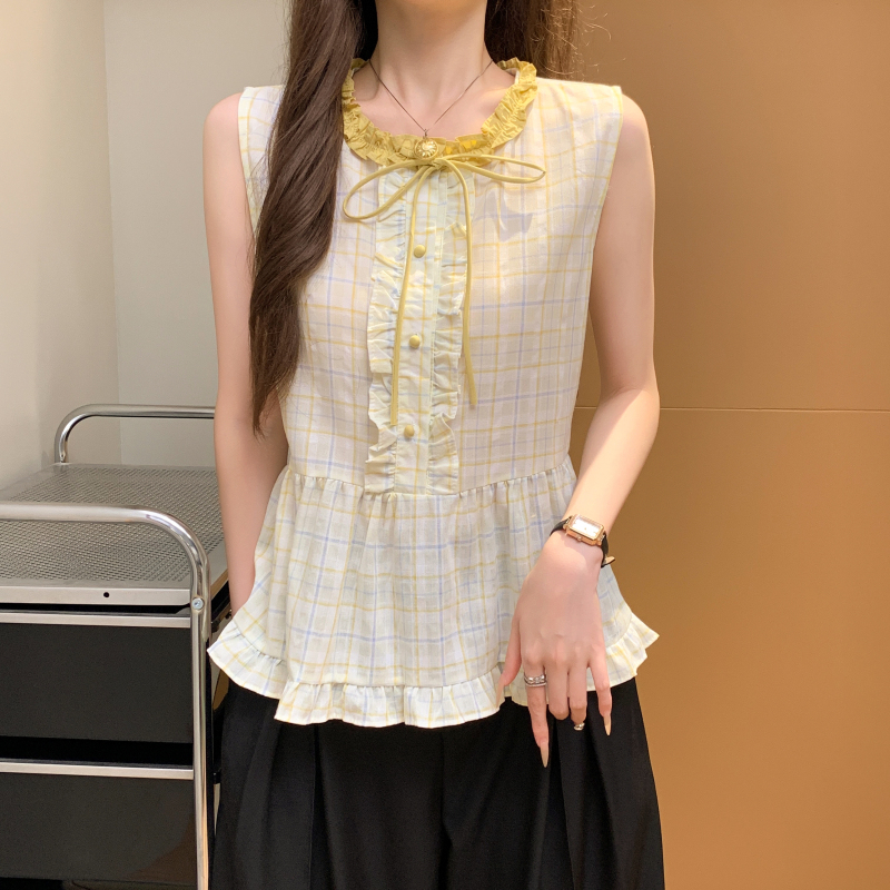 實拍 格子木耳花邊娃娃衫襯衫女2025新款別致絕美無袖上衣