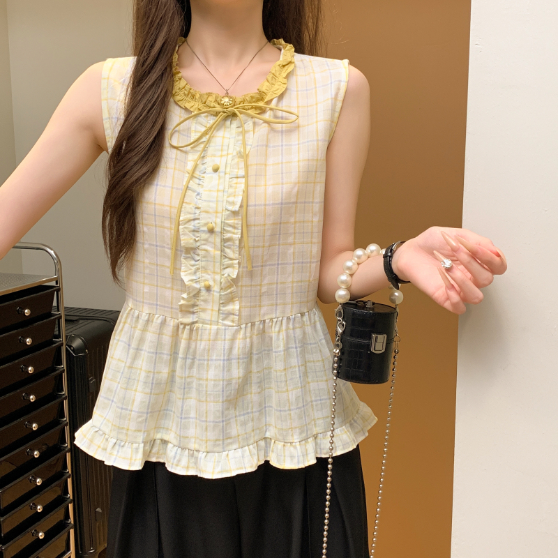 實拍 格子木耳花邊娃娃衫襯衫女2025新款別致絕美無袖上衣
