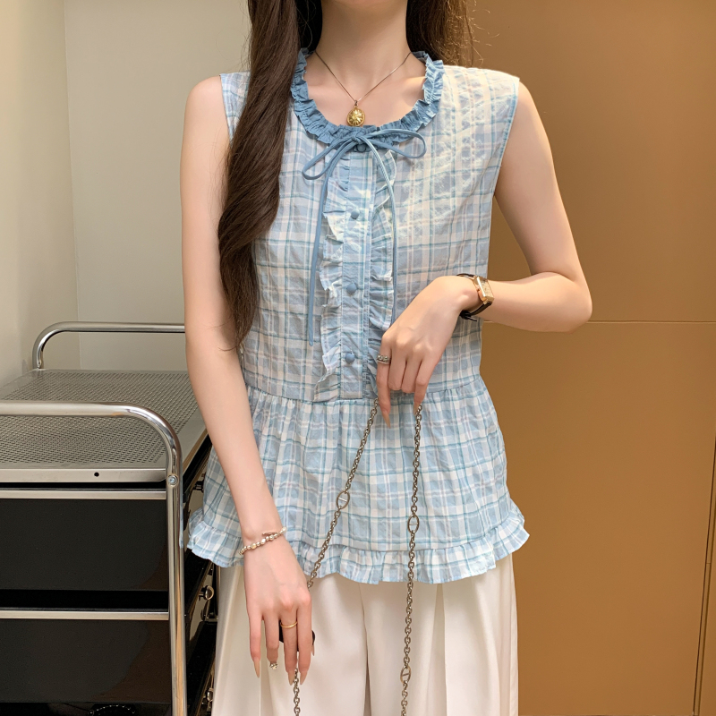 實拍 格子木耳花邊娃娃衫襯衫女2025新款別致絕美無袖上衣