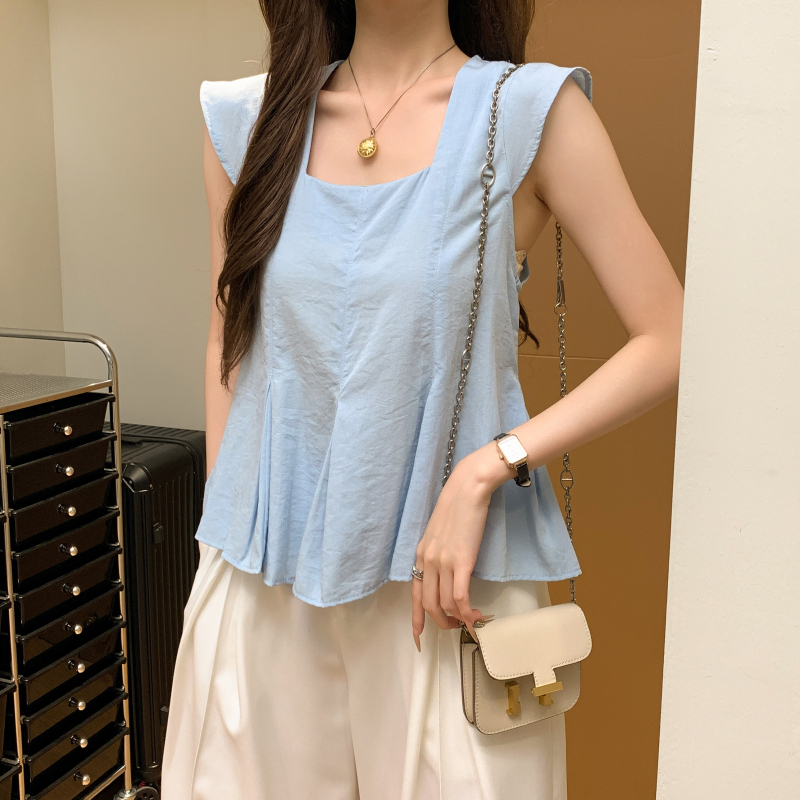實拍 時尚洋氣方領甜美短袖襯衫女上衣設計感小眾