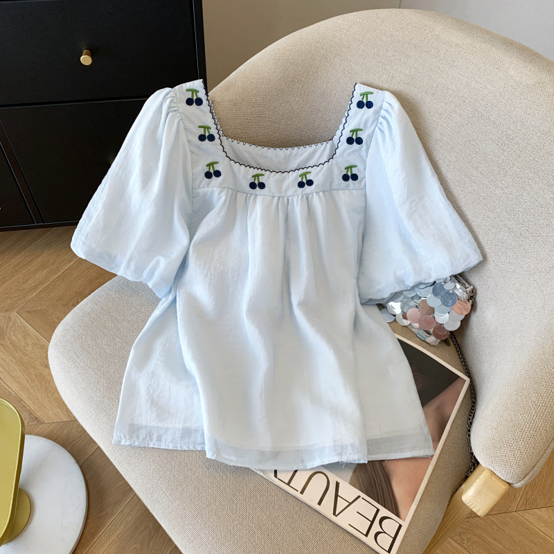 實拍 夏季法式方領刺繡襯衫泡泡袖寬松遮肉顯瘦雪紡小衫上衣