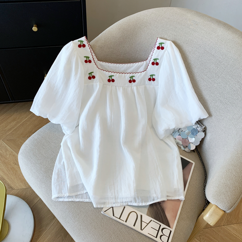 實拍 夏季法式方領刺繡襯衫泡泡袖寬松遮肉顯瘦雪紡小衫上衣
