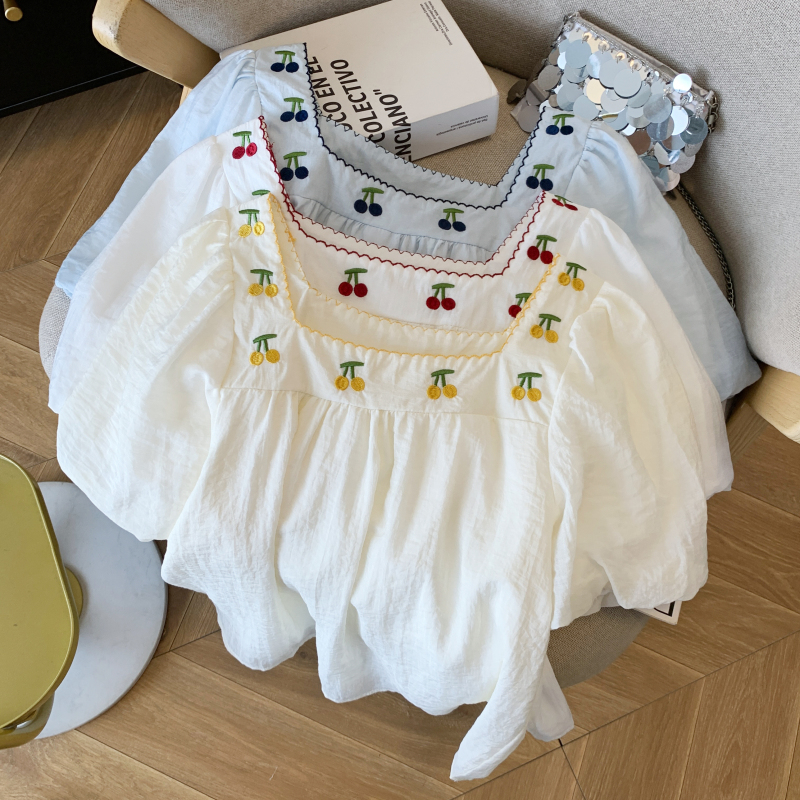 實拍 夏季法式方領刺繡襯衫泡泡袖寬松遮肉顯瘦雪紡小衫上衣