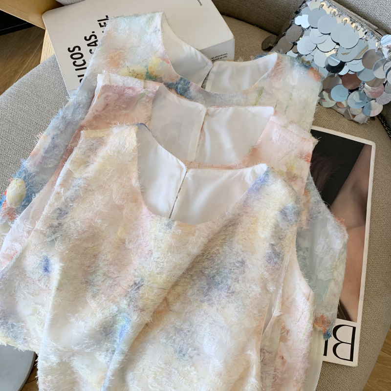 實拍 新款洋氣時尚百搭刺繡提花彩色甜美無袖襯衫女上衣小眾