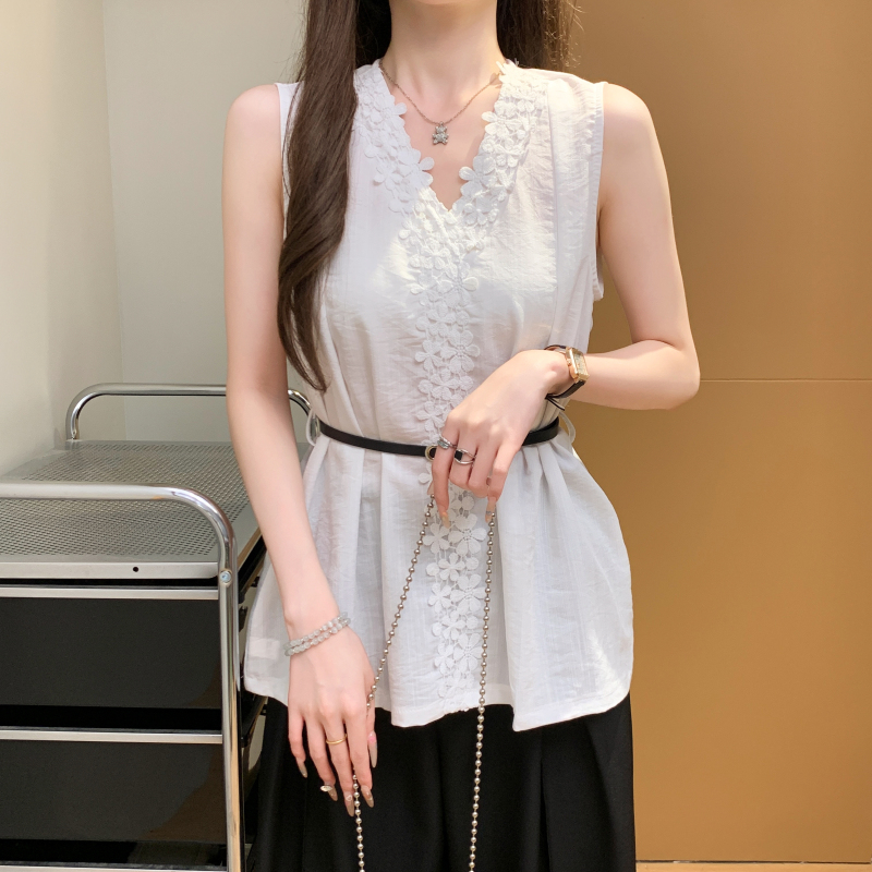 MY10285# 韩系蕾丝花边V领单排扣小衫女新款宽松收腰显瘦无袖衬衫女裝貨源服裝批發