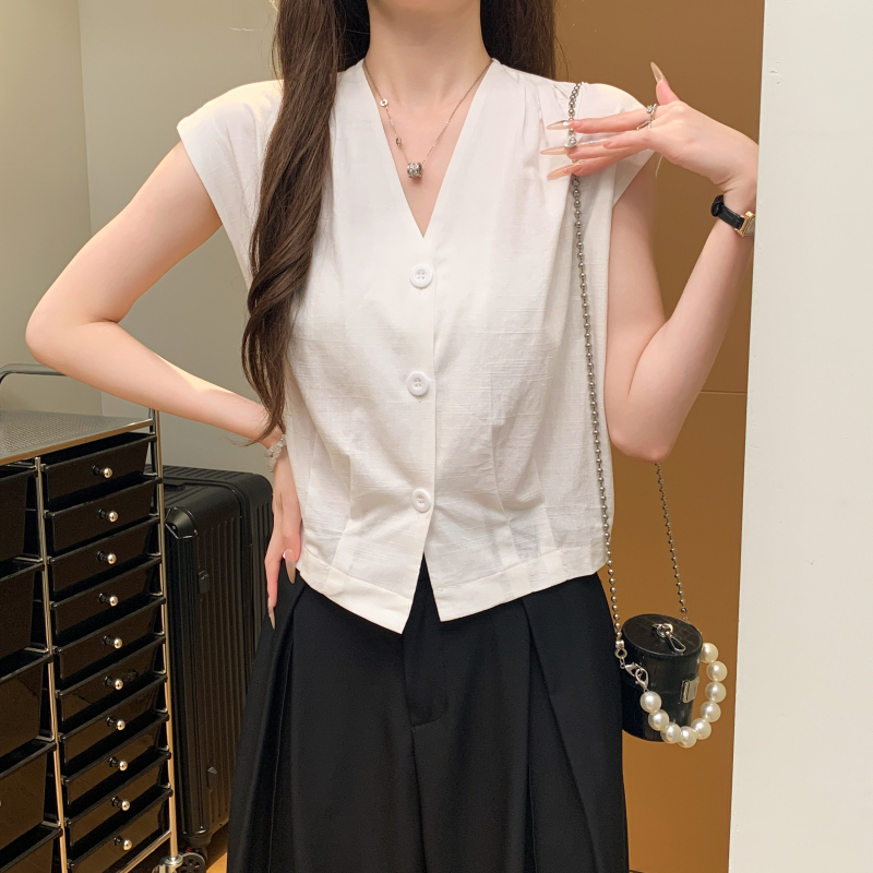 實拍 夏季V領馬甲背心女白色無袖襯衣高級感減齡時尚百搭上衣
