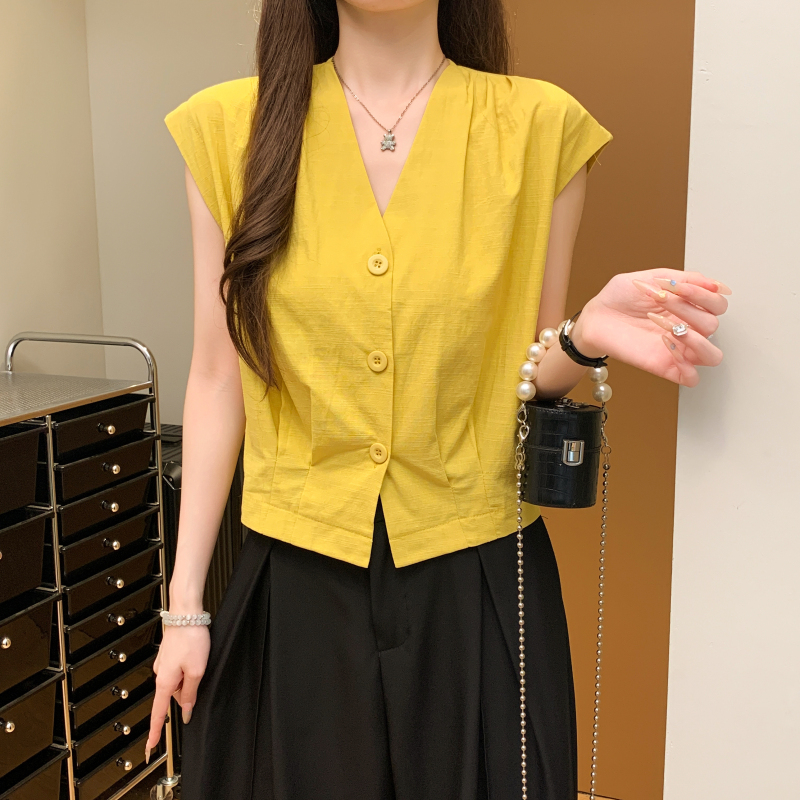 實拍 夏季V領馬甲背心女白色無袖襯衣高級感減齡時尚百搭上衣