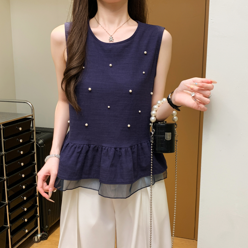 MY10277# 夏季新款重工钉珠拼接蕾丝蝴蝶结无袖上衣女无袖亚麻衬衫女裝貨源服裝批發