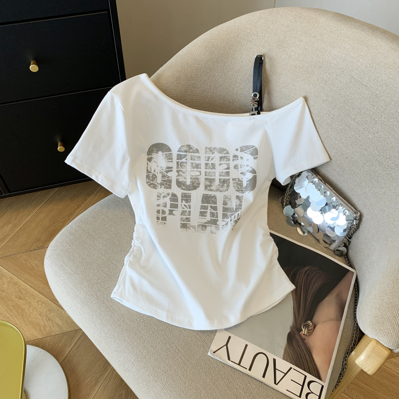 實拍 辣妹性感露肩字母印花短袖T恤女上衣設計感小眾