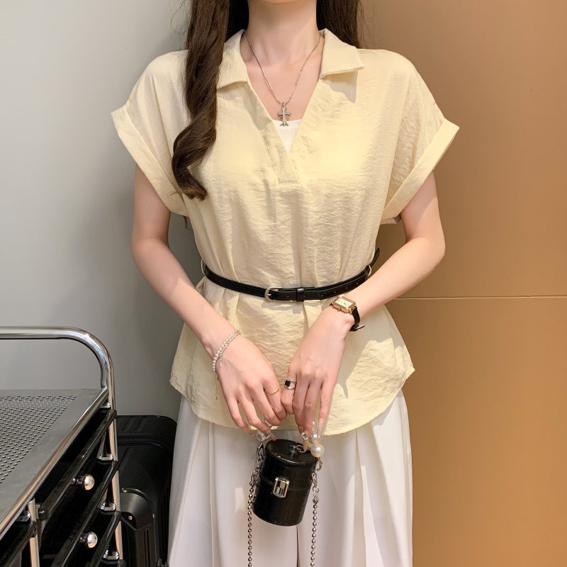 實拍 送腰帶 夏季翻領拼接假兩件翻邊短袖襯衫收腰氣質尚上衣