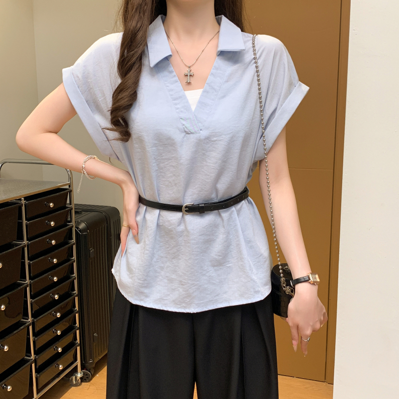 實拍 送腰帶 夏季翻領拼接假兩件翻邊短袖襯衫收腰氣質尚上衣