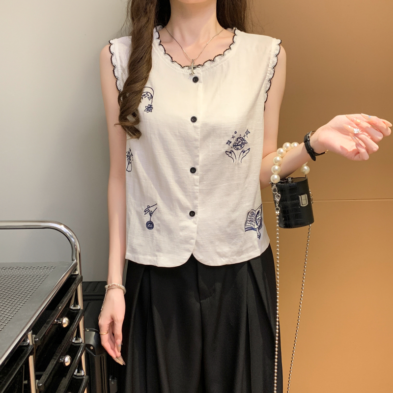 實拍時尚百搭圓領無袖背心女寬松顯瘦襯衫女洋氣上衣馬甲小衫