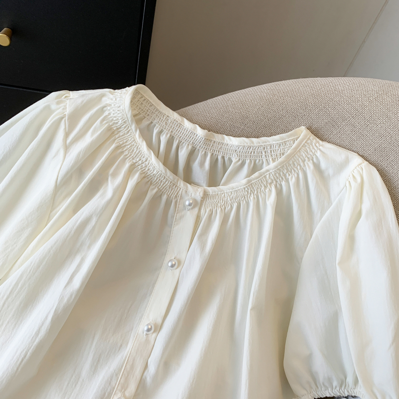 實拍百搭減齡甜美泡泡短袖襯衫女夏季小個子寬松顯瘦圓領上衣