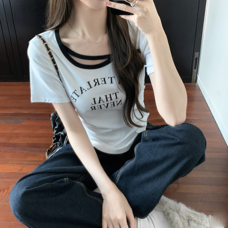 MY11535# 印花短袖T恤女褶皱设计感短款T恤衫方领弹力修身上衣女女裝貨源服裝批發