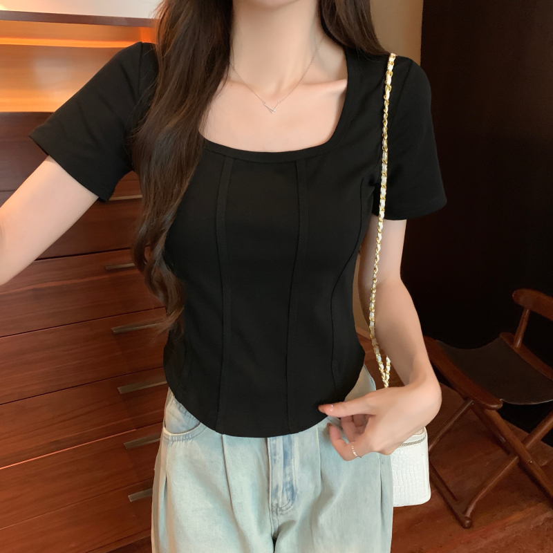 MY11533# 韩版方领鱼骨短袖T恤女修身显瘦露腰短款简约运动上衣女裝貨源服裝批發