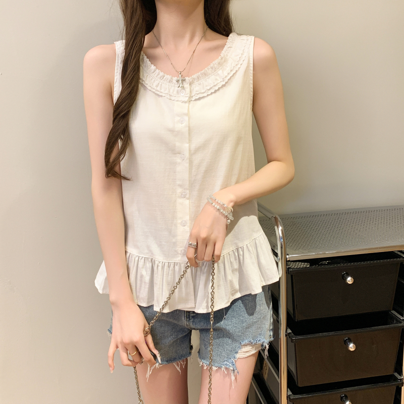 實拍 夏季新款設計感小眾甜美無袖純色襯衫女上衣背心小衫