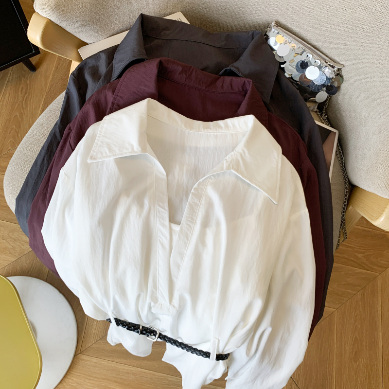 實拍  春季新款三件套 腰帶+背心+襯衫 簡約韓版長袖襯衫女上衣