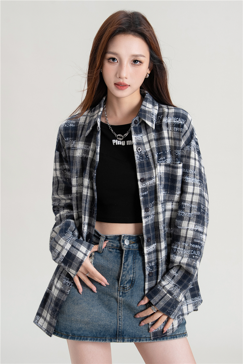 實拍 長袖襯衫女涂鴉寬松休閑格子襯衣高級感外套上衣潮
