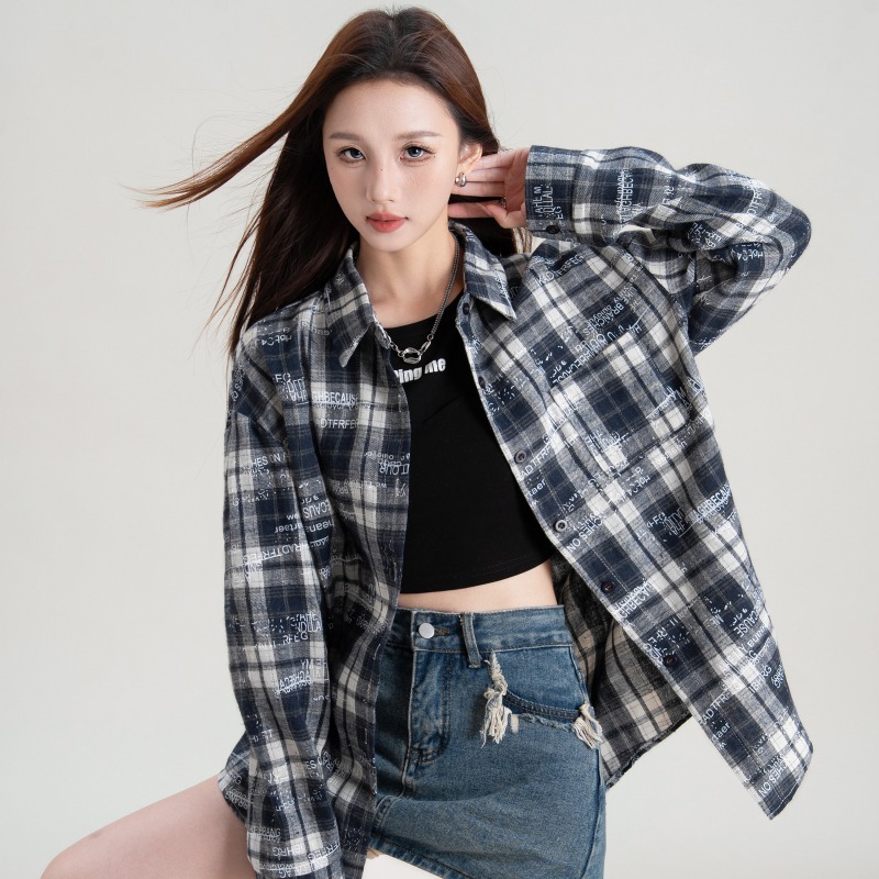 實拍 長袖襯衫女涂鴉寬松休閑格子襯衣高級感外套上衣潮