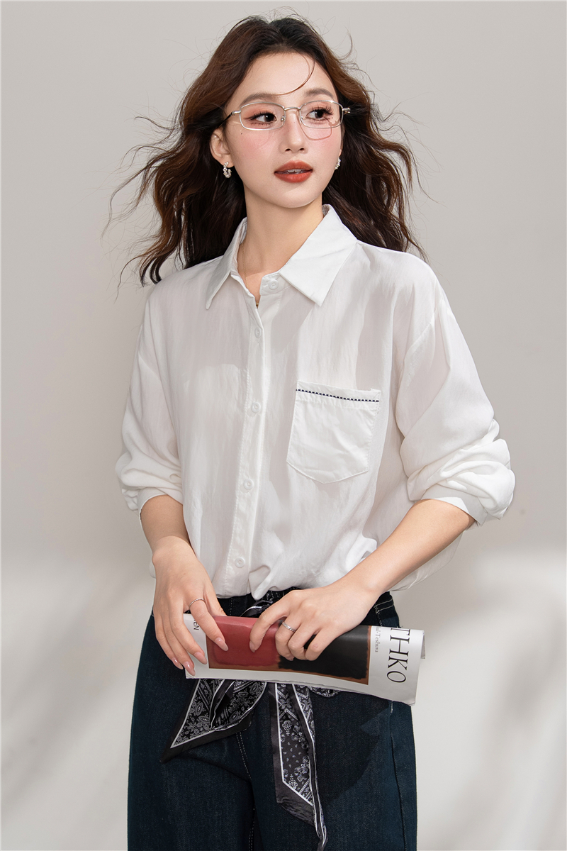 實拍 早秋新款韓版寬松領帶短款長袖襯衫女設計感通勤簡約