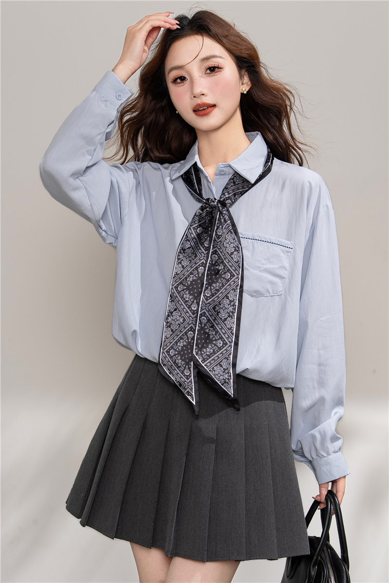 實拍 早秋新款韓版寬松領帶短款長袖襯衫女設計感通勤簡約
