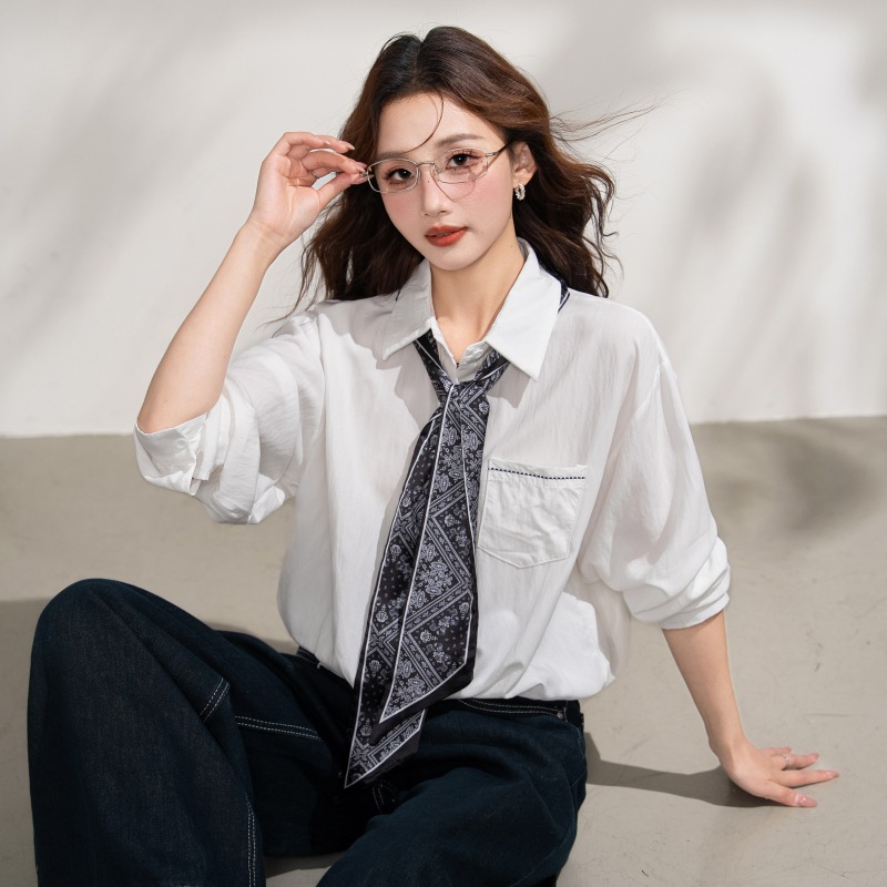 實拍 早秋新款韓版寬松領帶短款長袖襯衫女設計感通勤簡約