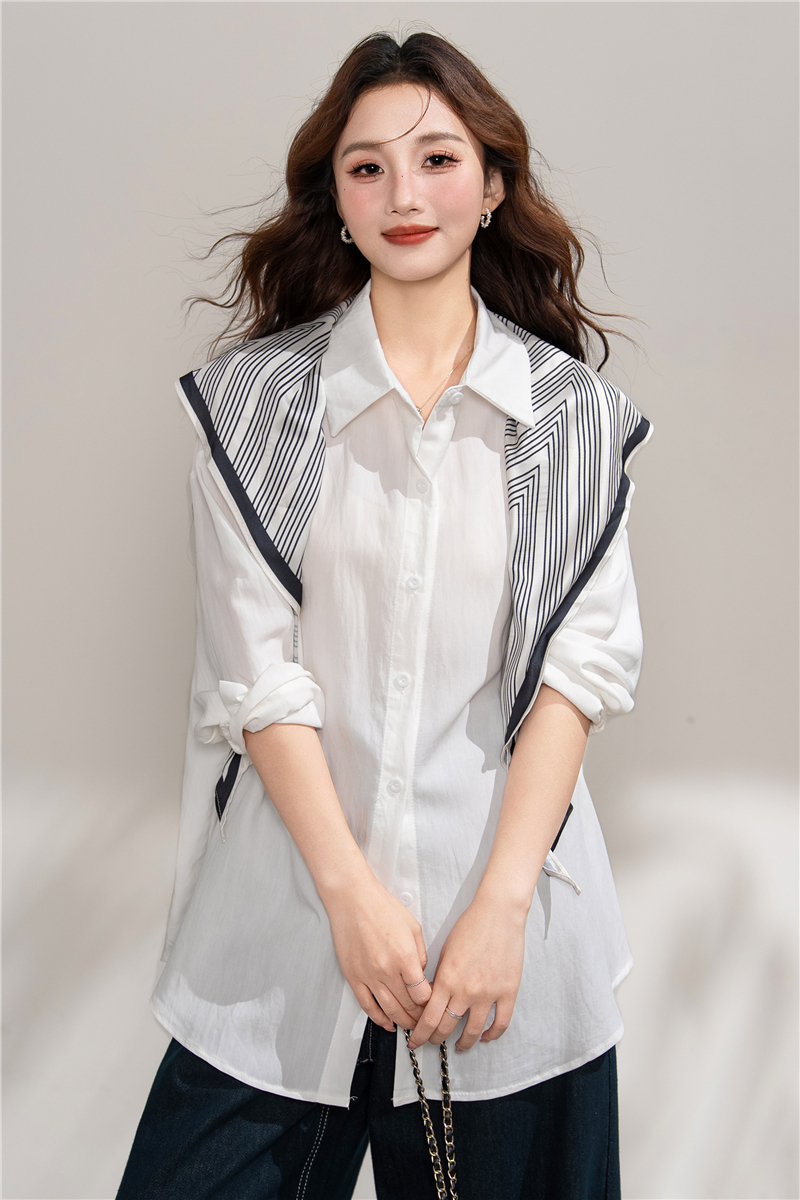 實拍 配絲巾 新款時尚翻領長袖襯衫女寬松顯瘦百搭休閑上衣