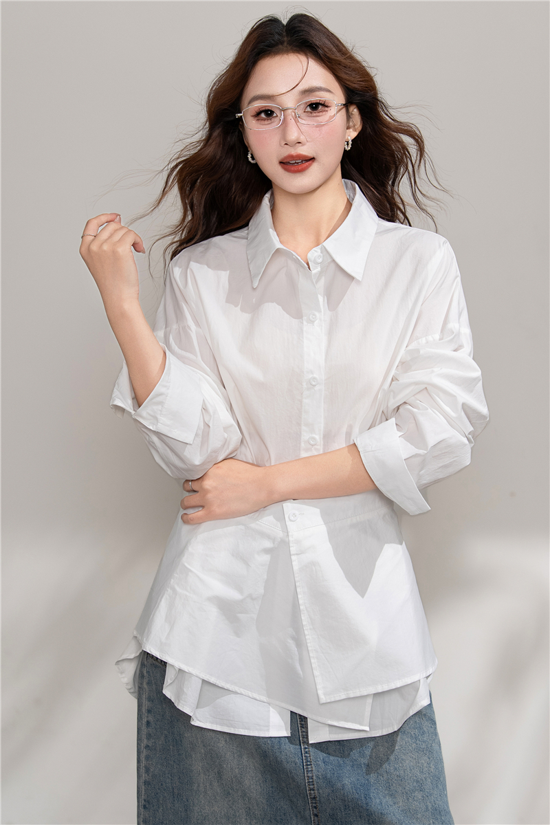 實拍 設計感小眾純棉寬松收腰高級簡約兩件套襯衫女上衣女