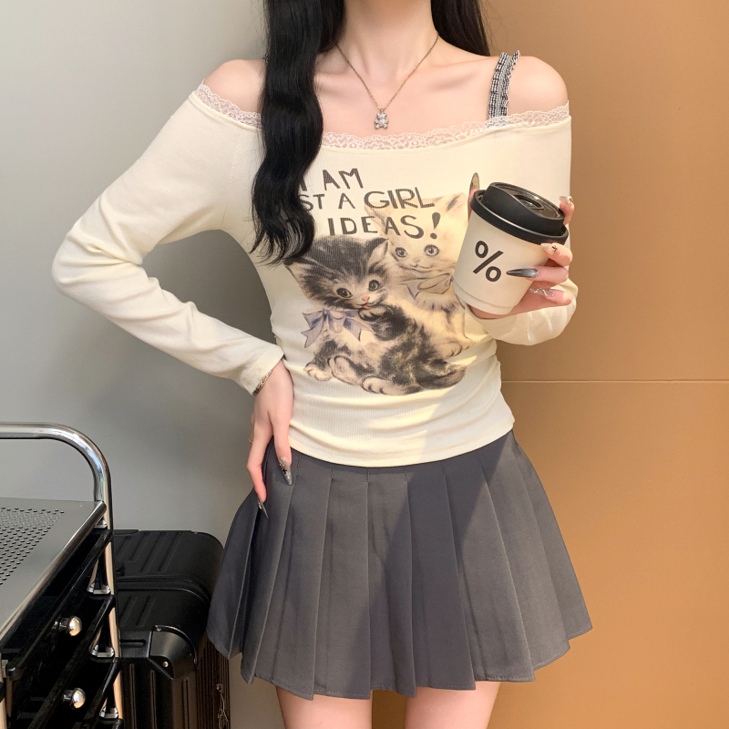 實拍 小貓印花一字肩洋氣純欲風長袖T恤女上衣修身短款辣妹