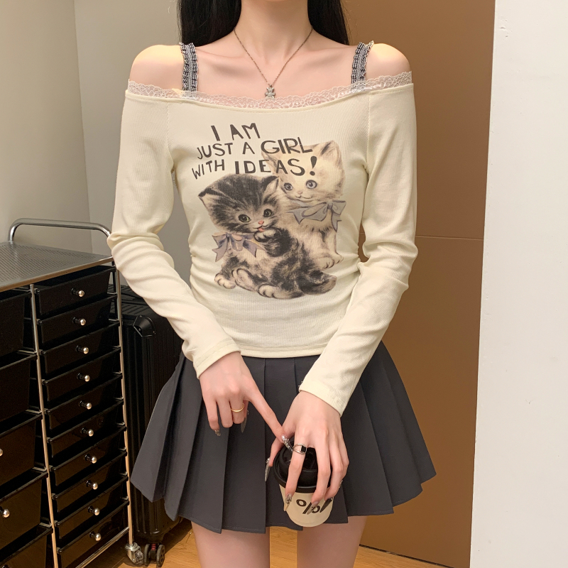 實拍 小貓印花一字肩洋氣純欲風長袖T恤女上衣修身短款辣妹