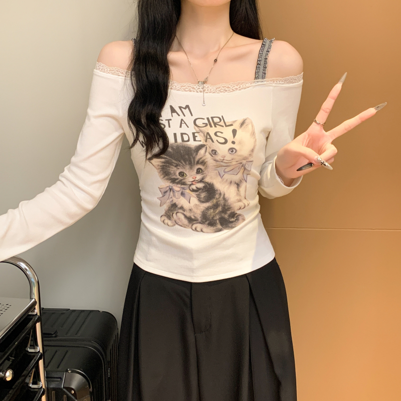 實拍 小貓印花一字肩洋氣純欲風長袖T恤女上衣修身短款辣妹