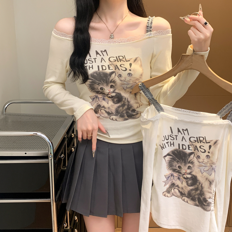 實拍 小貓印花一字肩洋氣純欲風長袖T恤女上衣修身短款辣妹