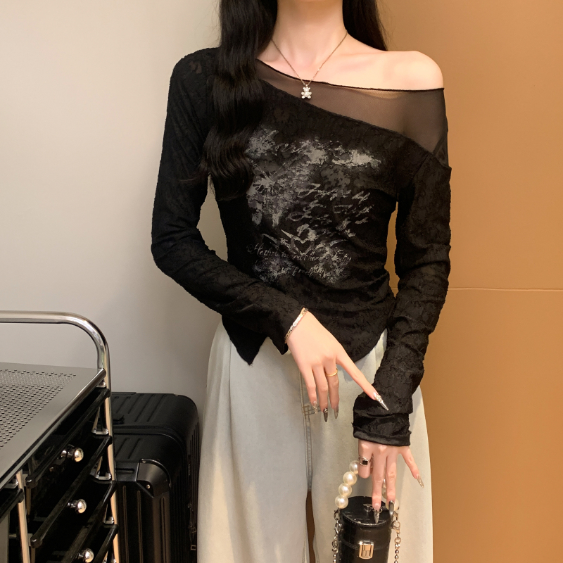 實拍 秋季新款洋氣純欲風網紗拼接蝴蝶印花長袖T恤女上衣