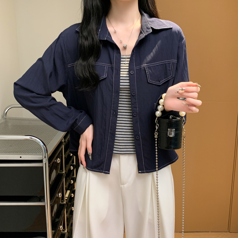 實拍 兩件套 明線長袖襯衫條紋針織背心 早秋百搭疊穿上衣女