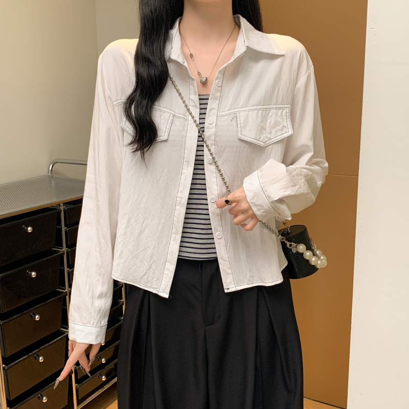 實拍 兩件套 明線長袖襯衫條紋針織背心 早秋百搭疊穿上衣女