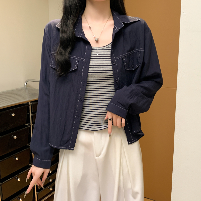 實拍 兩件套 明線長袖襯衫條紋針織背心 早秋百搭疊穿上衣女