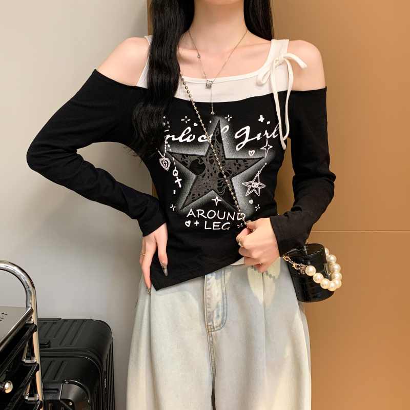 實拍 美式印花時尚潮流百搭辣妹露肩個性長袖T恤女上衣