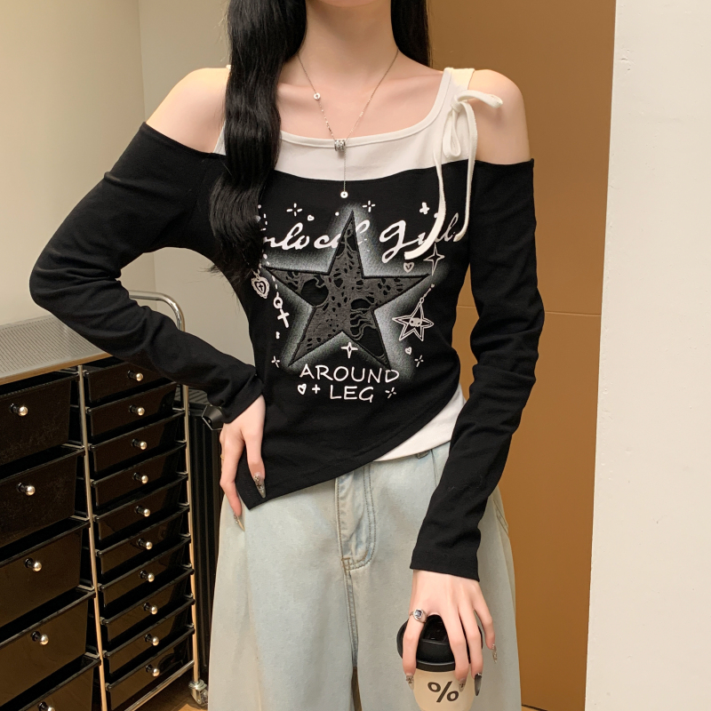 實拍 美式印花時尚潮流百搭辣妹露肩個性長袖T恤女上衣