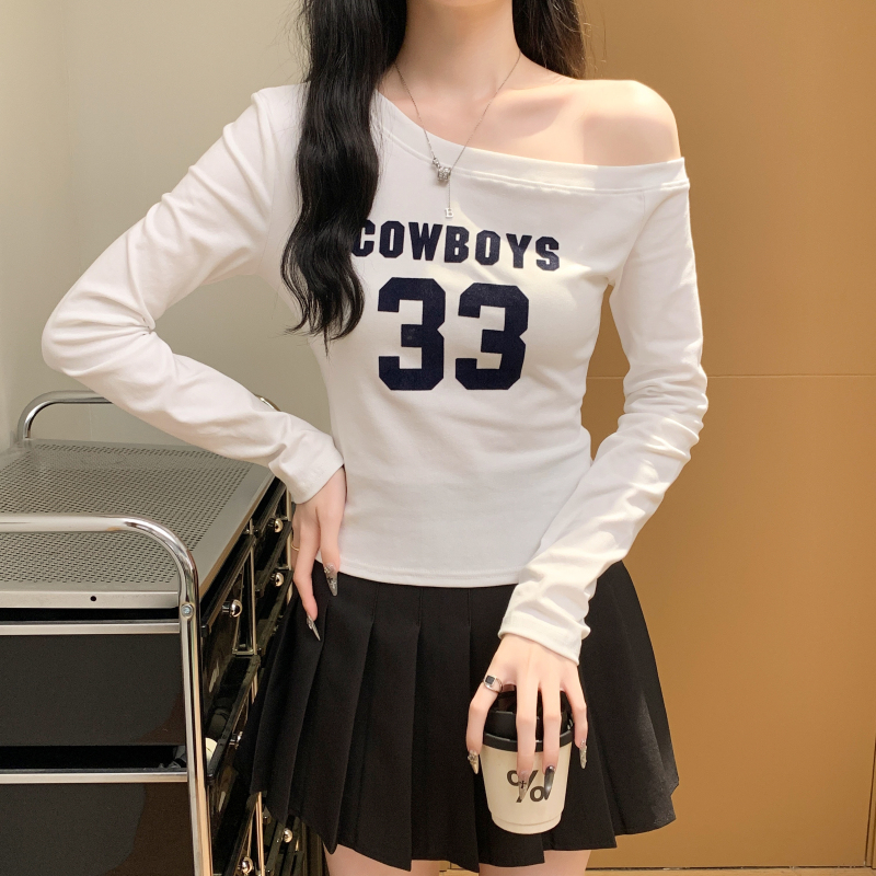實拍 植絨印花設計感小眾斜領露肩時尚百搭長袖T恤女上衣辣妹