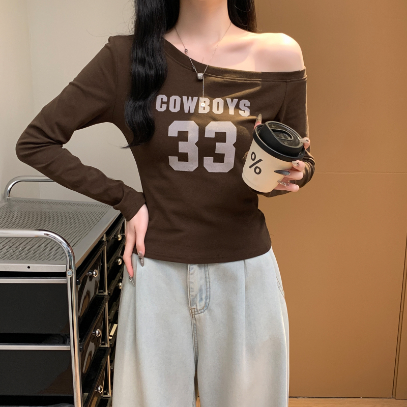實拍 植絨印花設計感小眾斜領露肩時尚百搭長袖T恤女上衣辣妹