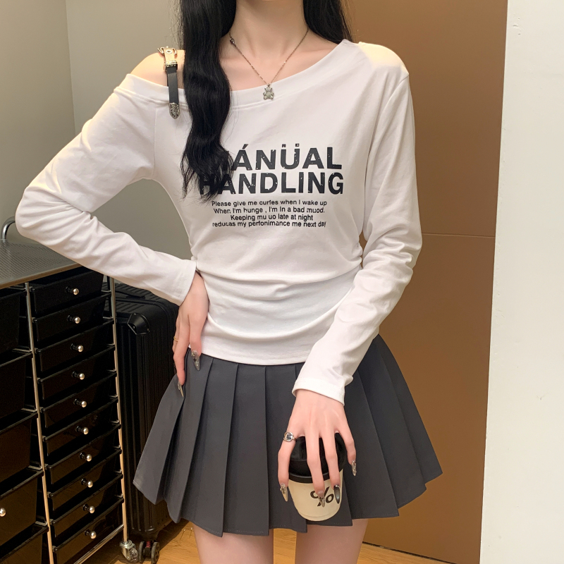 實拍 設計感肩帶可調節字母印花長袖T恤女時尚顯瘦露肩上衣潮