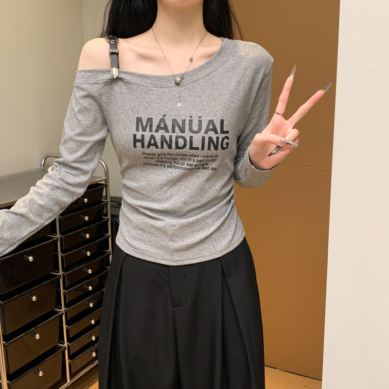 實拍 設計感肩帶可調節字母印花長袖T恤女時尚顯瘦露肩上衣潮