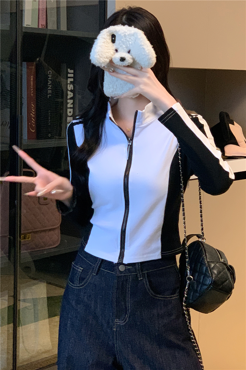 實拍 黑白撞色拼接長袖T恤女設計感小眾獨特別致立領拉鏈上衣